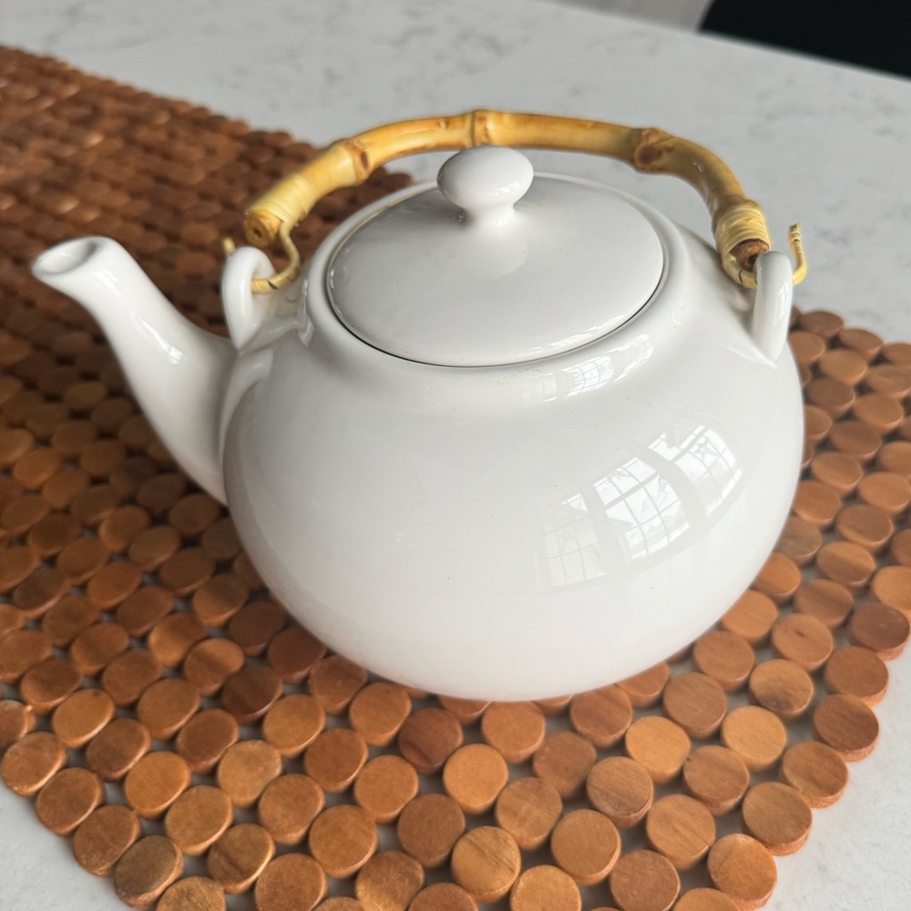 Pottery Barn White Sausalito Ceramic Teapot with Bamboo Accent